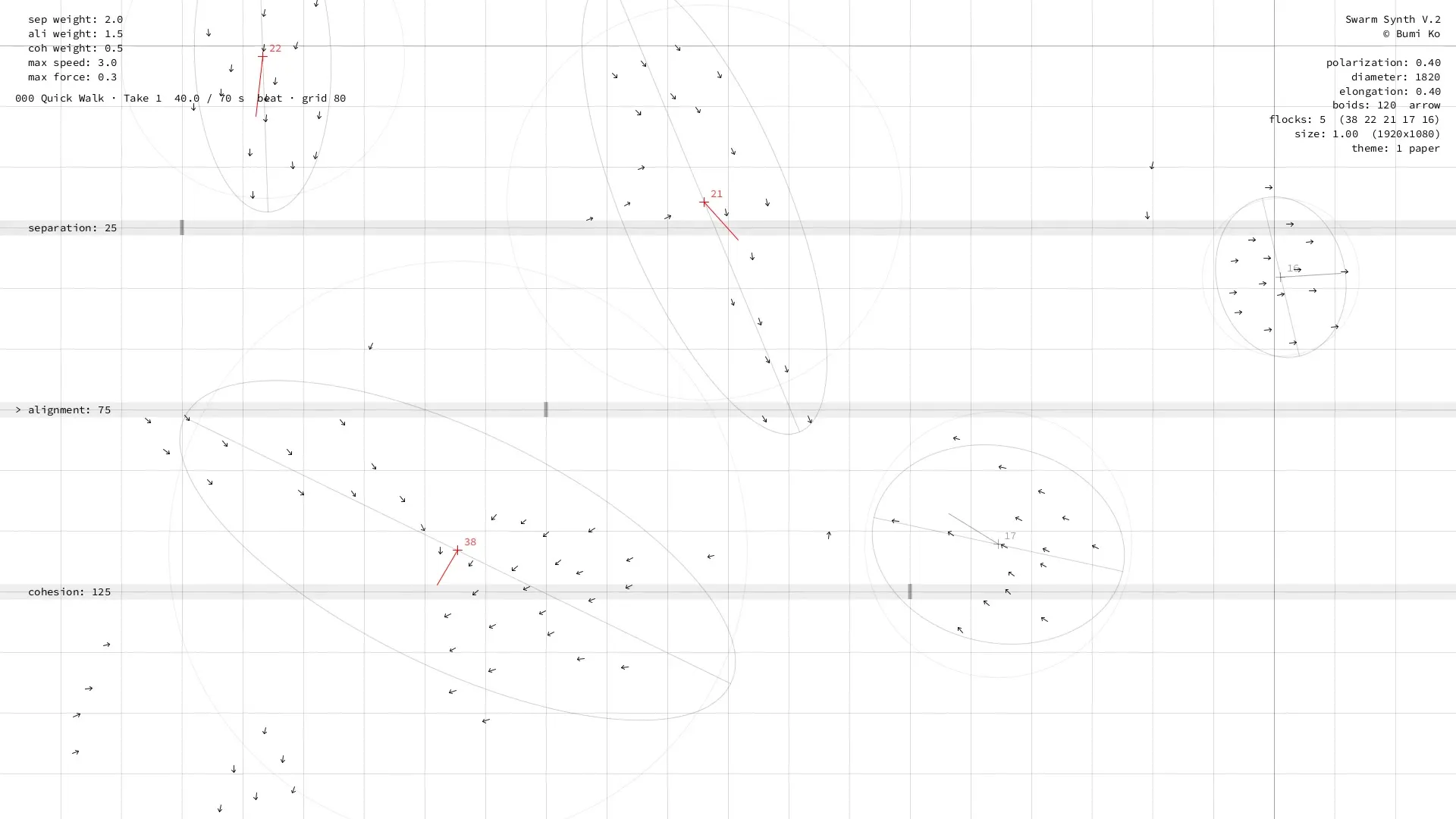 Swarm Synth V, SSV 1 Quick Walk: a flock of boids on white with the three slider bands